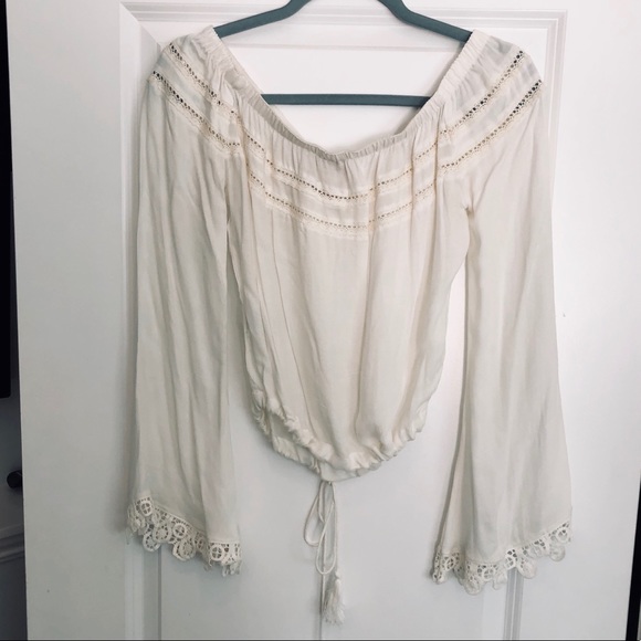 Bell sleeved off white crop top with tassel ties - Picture 7 of 8